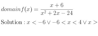 The domain of f(x)=(x+6)/(x^2+2x-24) is x<-6\lor-6<x<4\lor x>4